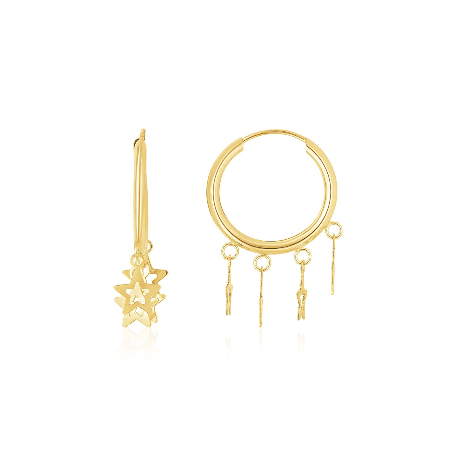 14K Yellow Gold Endless Star Charm Huggie Hoop Earrings