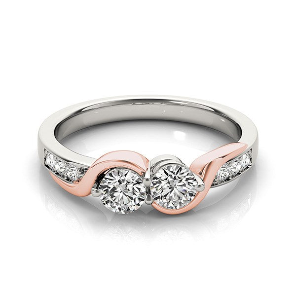 14k White And Rose Gold Round Two Diamond Curved Band Ring (5/8 cttw) Engagement ring.