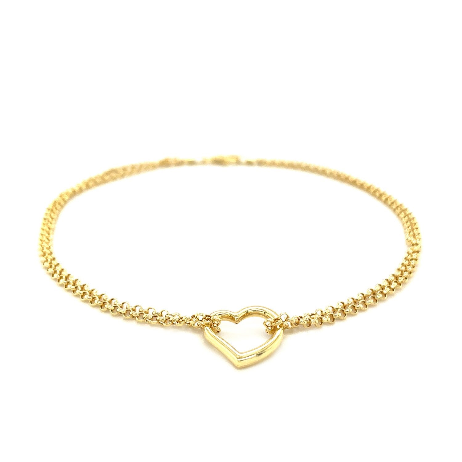 14k Yellow Gold Double Rolo Chain Anklet with an Open Heart Station