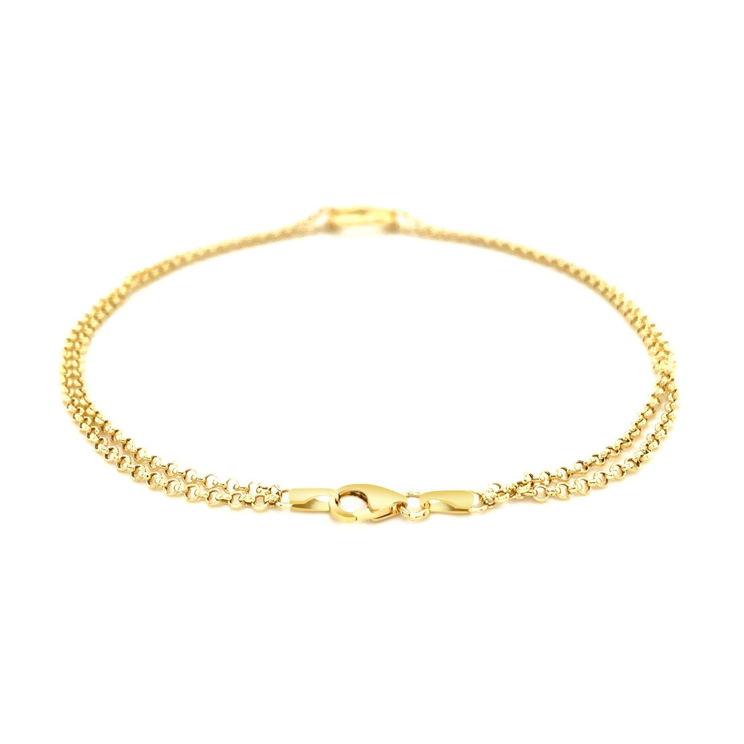 14k Yellow Gold Double Rolo Chain Anklet with an Open Heart Station