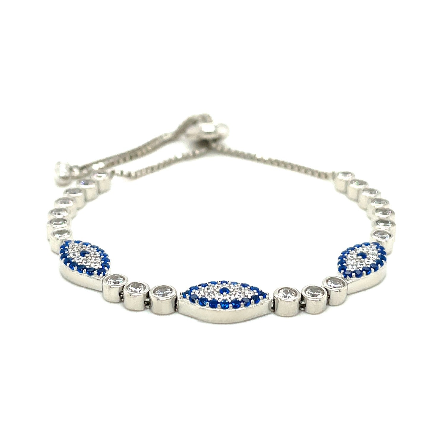 Sterling Silver Adjustable Enameled Evil Eye Bracelet with Cubic Zirconias