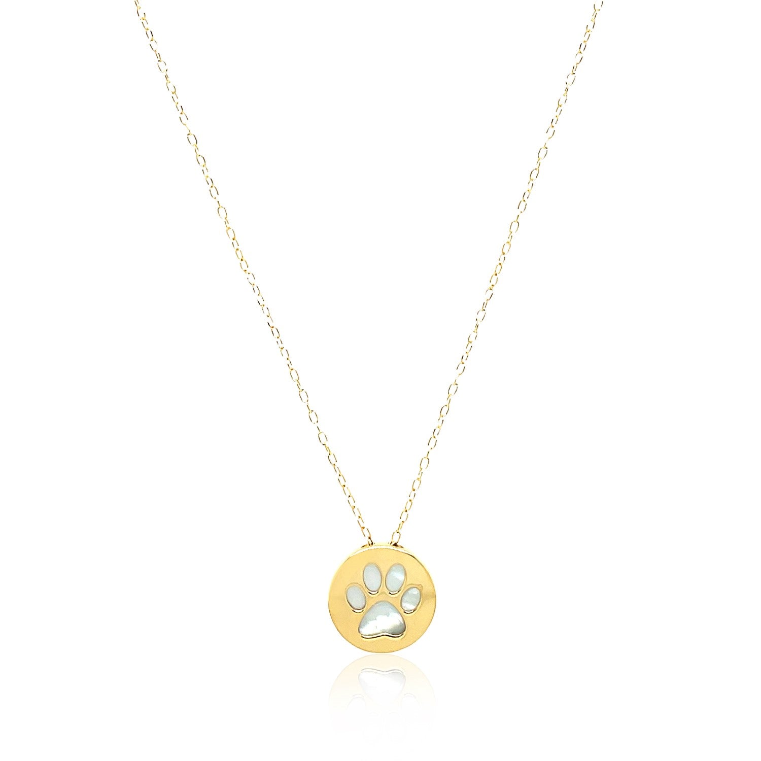 14k Yellow Gold Necklace with Dog Paw Print Symbol in Mother of Pearl