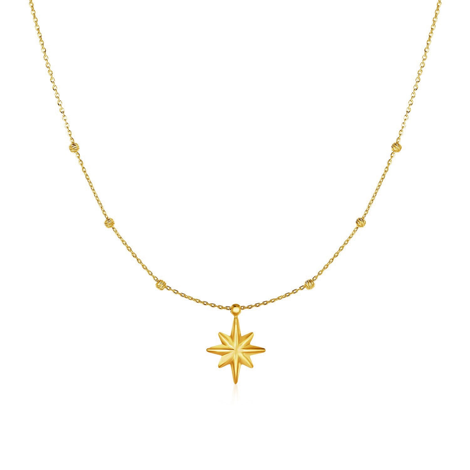 14k Yellow Gold Necklace with Eight Pointed Star and Beads